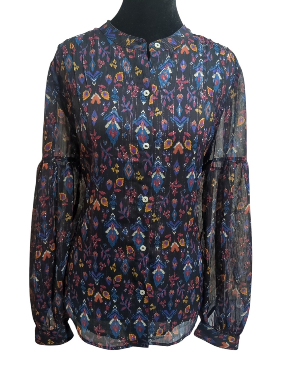 UNTUCKit Women's Georgette Sheer Bishop Sleeve Lorelei Shirt Ikat Inspired Boho